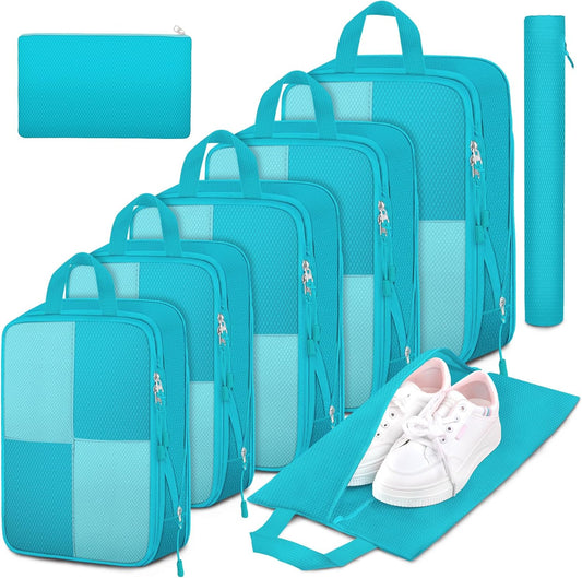 8 Set Compression Packing Cubes Travel, Lightweight Expandable Travel Cubes Suitcase Organizer for Carry On Luggage Suitcase, Turquoise
