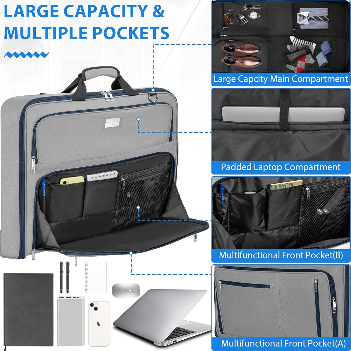 AKOZLIN Travel Luggage Garment Bag Foldable Hanging Suit Bag with Shoulder Strap For Men Women Business Grey