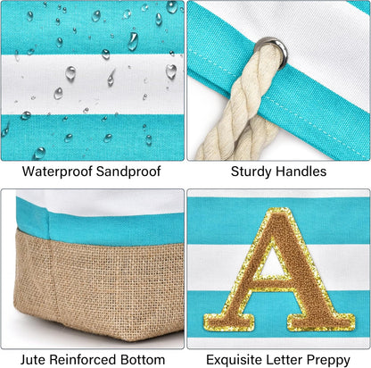 Becokan Beach Bag Initial Beach Tote with Makeup Bag for Travel Work Storage Personalized Birthday Gifts for Women Her