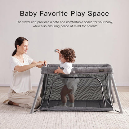 2 in 1 Portable Travel Crib for Toddler, Foldable Crib for Baby, Lightweight Playpen Collapsible Playard with Soft Mattress, Easy to Carry Baby Travel Bed for Outdoor, Indoor (Grey)
