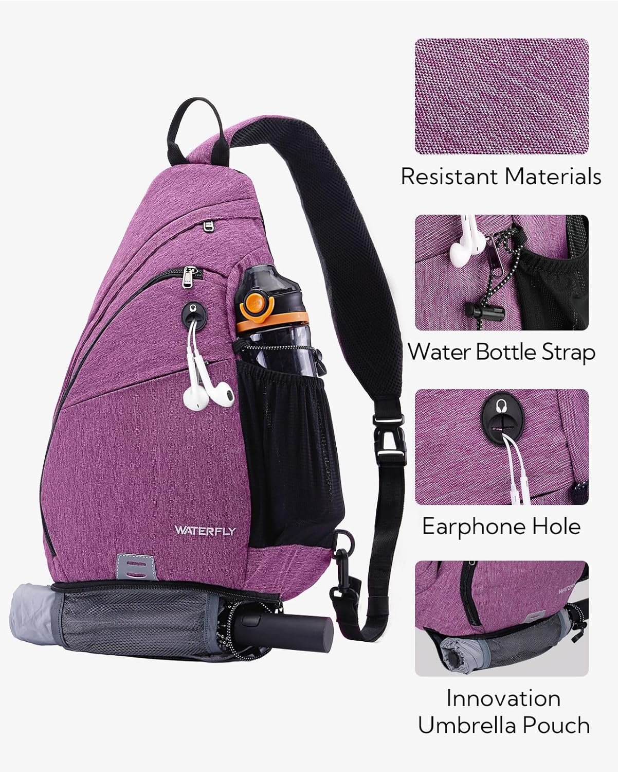 WATERFLY Large Crossbody Sling Bag: Over Shoulder Backpack Daypack Casual Cross Chest Side Pack