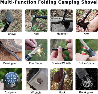 Survival Shovel Survival Axe, Camping Folding Shovels Hatchet with 19.2-37.8inch Lengthened Handle Enlarged Shovelhead High Carbon Steel with Storage Pouch for Camping Cycling Hiking