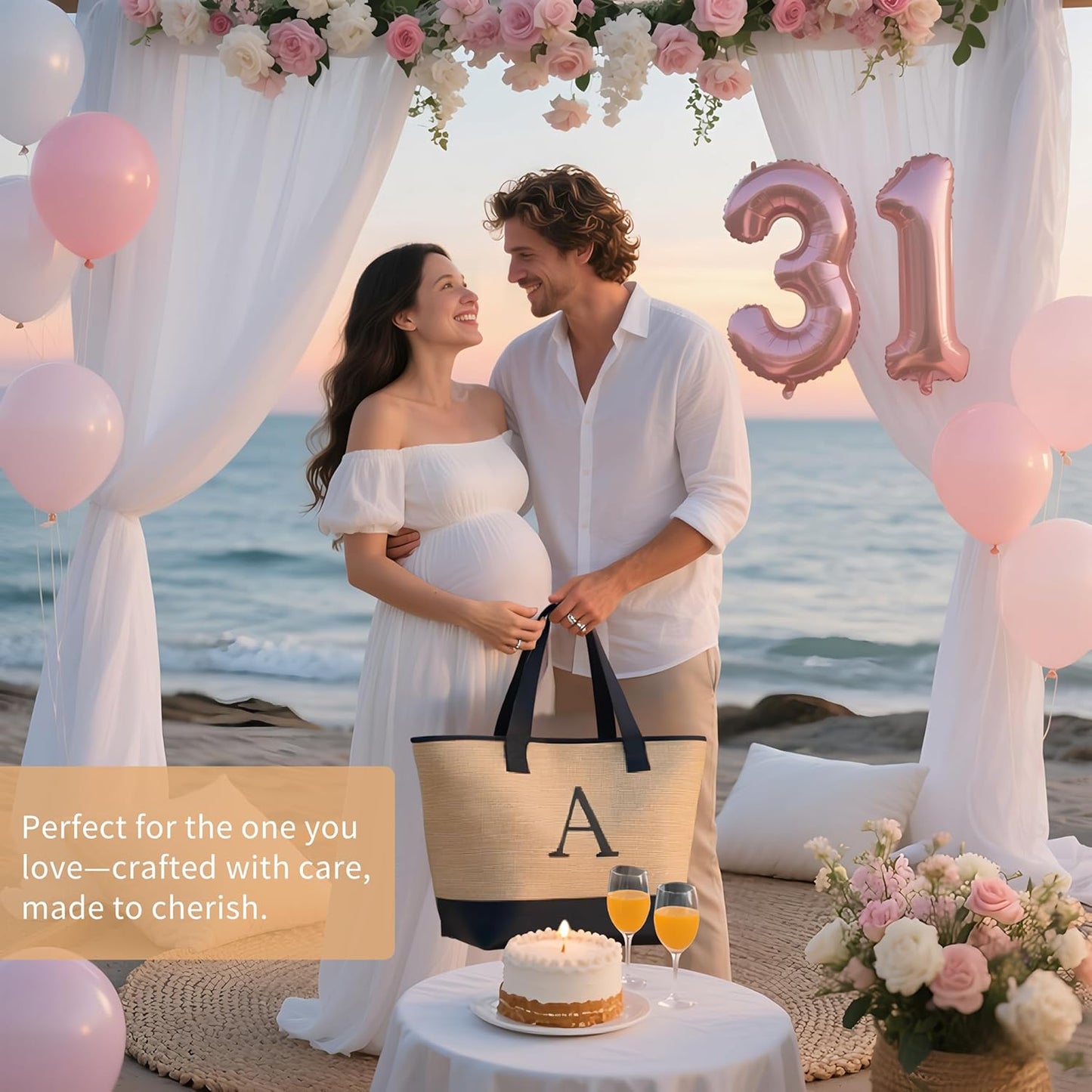 KALIDI Woven Tote Bag for Women, Lightweigh Monogram Beach Bag with Zipper & Sand-Proof Canvas Base, Personalized Gift