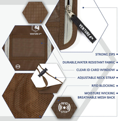VENTURE 4TH Passport Holder Neck Wallet with RFID Blocking Nylon Lining - Hidden Neck Pouch for Travel (Brown)