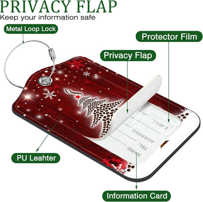 2 PCS Leather Luggage Tags for Suitcase Christmas Tree Snowflake Red Travel Luggage Tag with Privacy Flap Name ID Label and Metal Loop for Travel Bag Suitcase