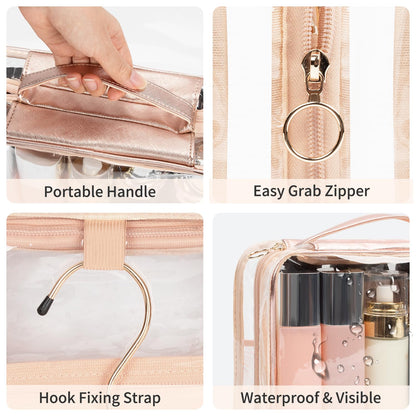 CUBETASTIC Clear Toiletry Bag for Women, Small Travel Bag with 360° Hanging Hook Clear Makeup Bags for Travelling Portable Cosmetic Organizer Case Skincare Pouch