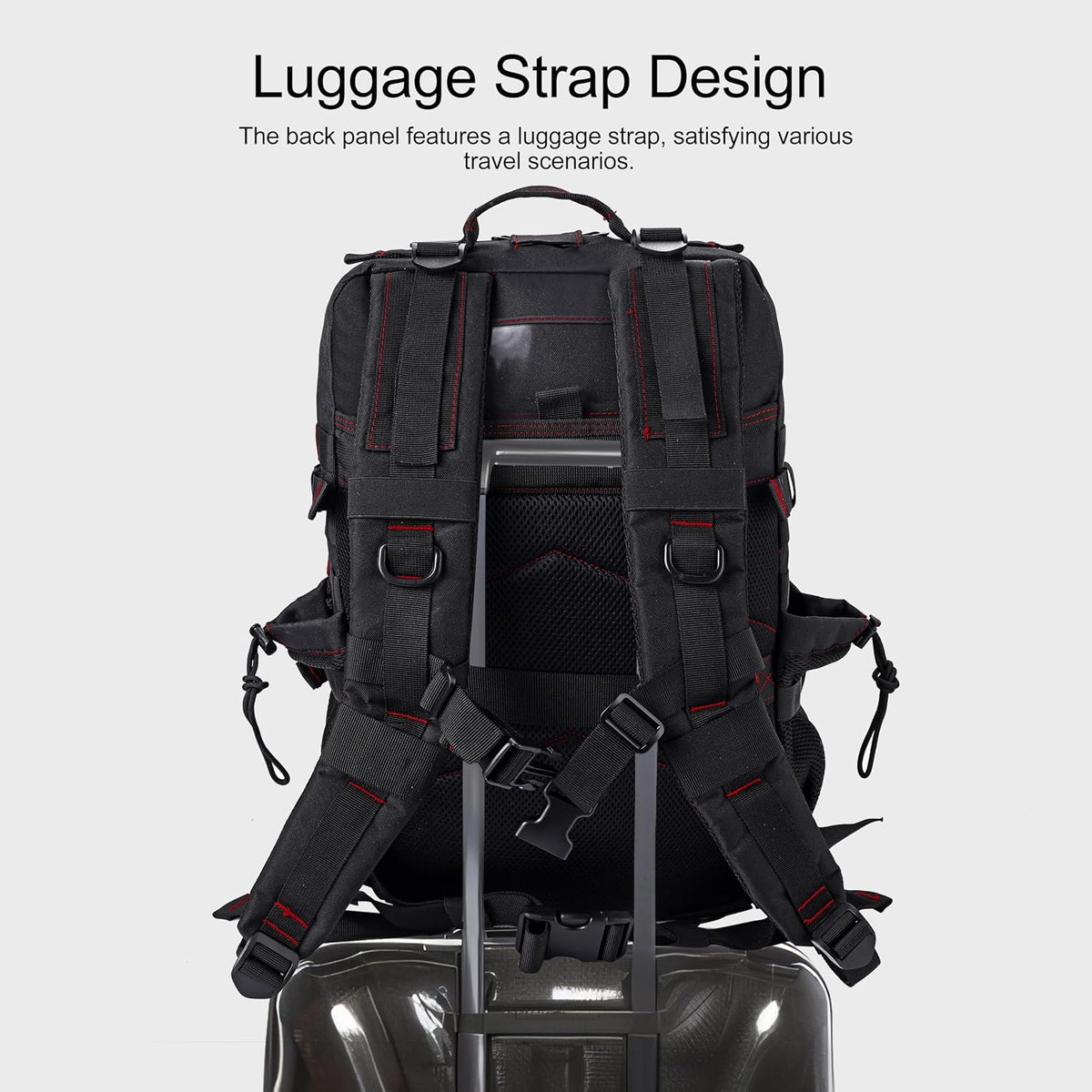 LHI Military Tactical Backpack for Men and Women 45L Army 3 Days Assault Pack Bag Large Rucksack with Shoe Compartment - Black red line