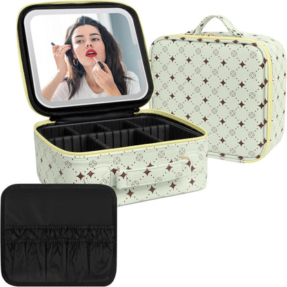 Travel Makeup Bag With 360° rotating LED Mirror,Waterproof cosmetic organizer,Portability Cosmetic case,Makeup organizer,Gift for Women,Girls Gift (Green+Yello)