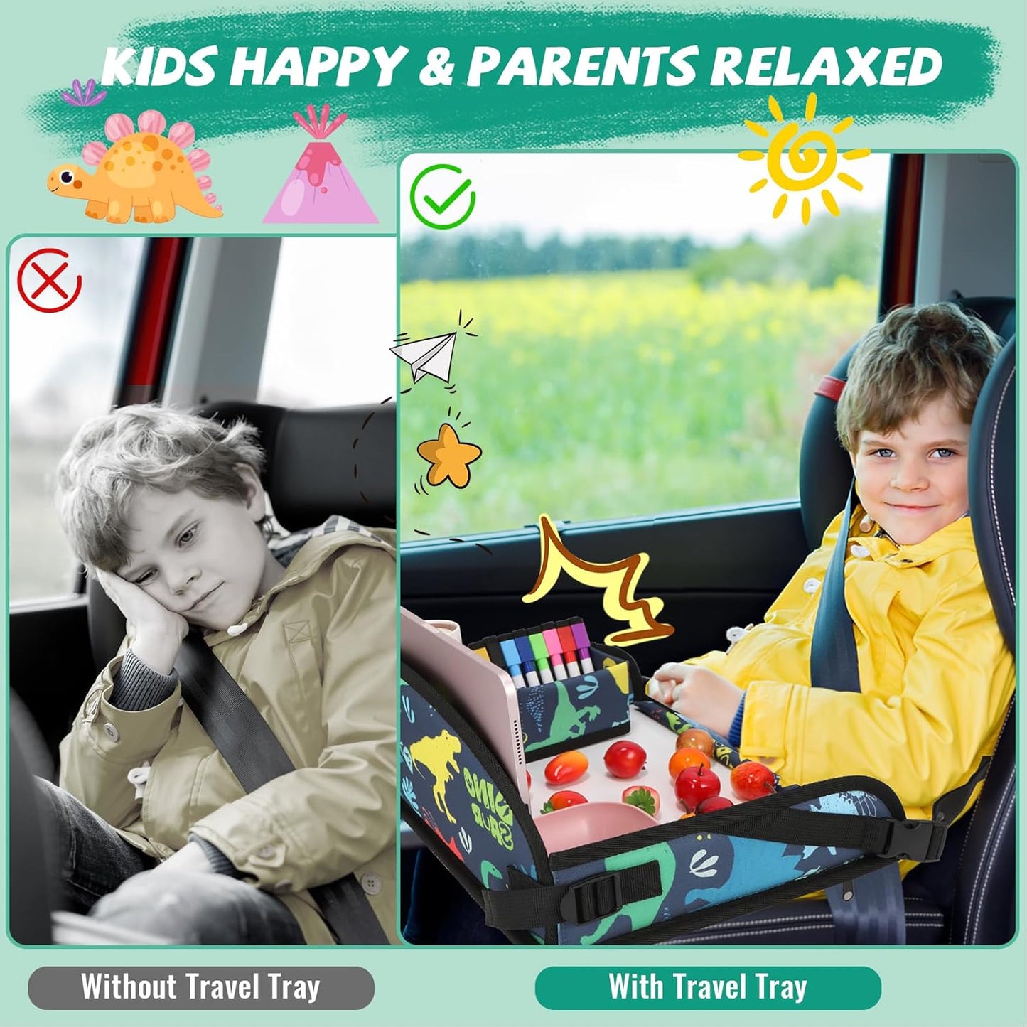 Kids Travel Tray for Airplane - Toddler Car Seat Table Tray, Road Trip Essentials for Boys & Girls, Carseat Lap Desk for Kids Road Trip Activities, Dinosaur