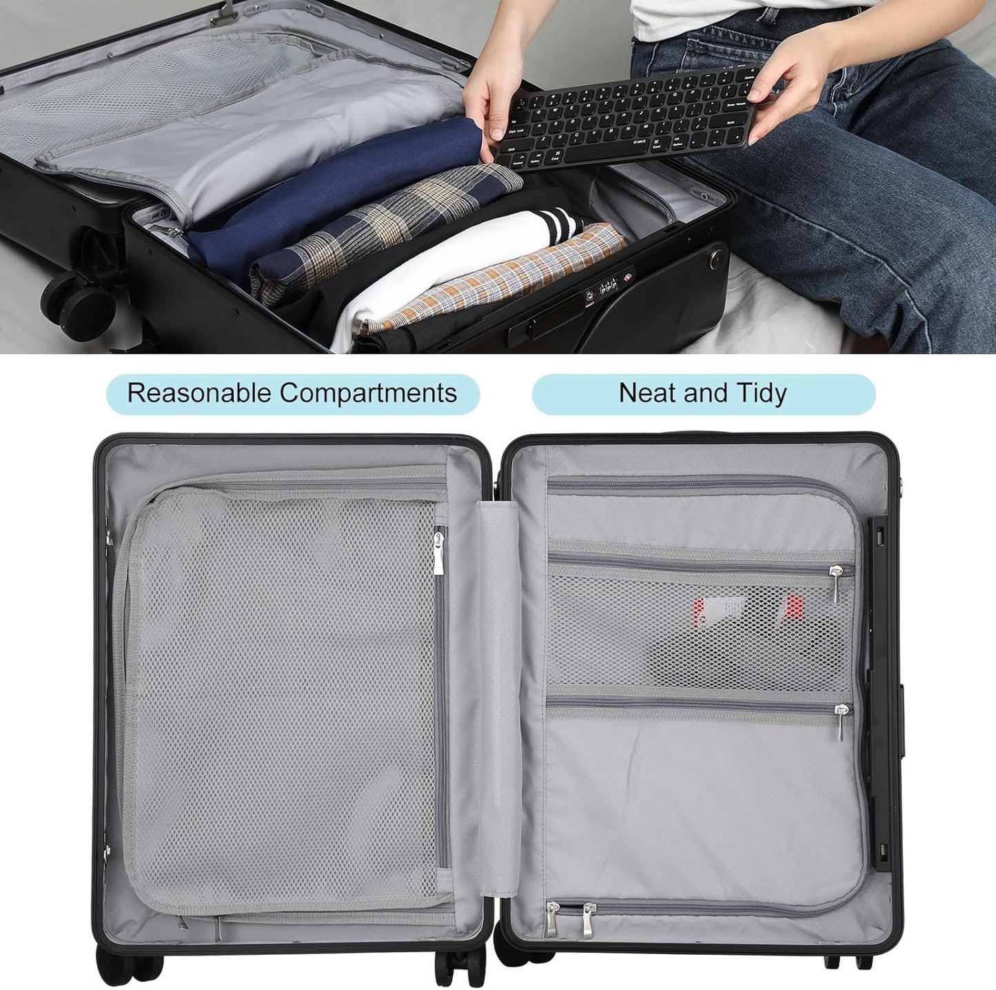 20 Inch Ride on Luggage with Seat for Kids Top Opening Aluminum Frame Suitcase with Spinner Wheels Locks for Travel(Black)