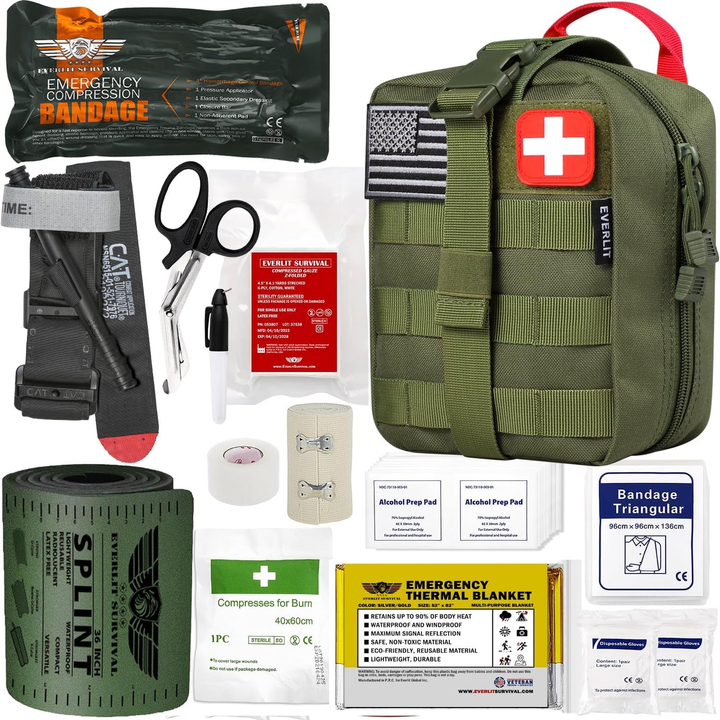 EVERLIT Emergency Trauma Kit, CAT GEN-7 Tourniquet 36" Splint, Military Combat Tactical IFAK for First Aid Response, Gun Shots, Severe Bleeding Control (OD Green)