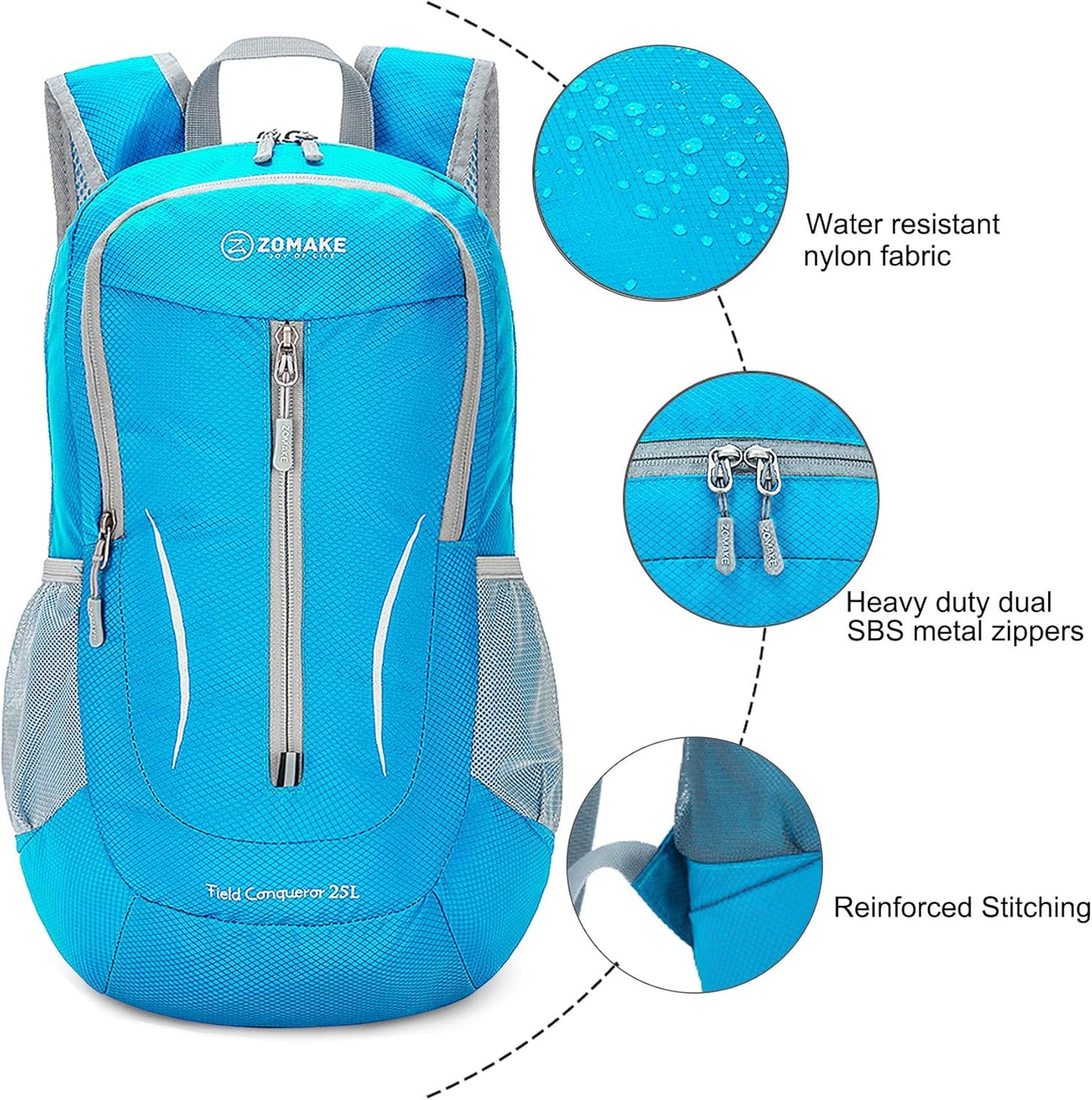 ZOMAKE Ultra Lightweight Packable Backpack 25L, Foldable Hiking Backpacks Water Resistant Small Folding Daypack for Travel(Light Blue)