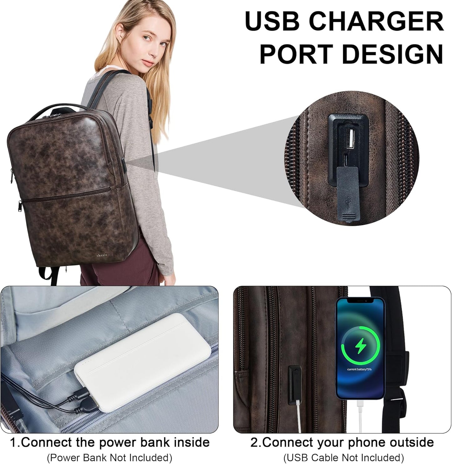 Vegan Leather Laptop Backpack for Women&Men,16 Inch Expandable Backpack with USB Charging Port,Two-toned Coffee