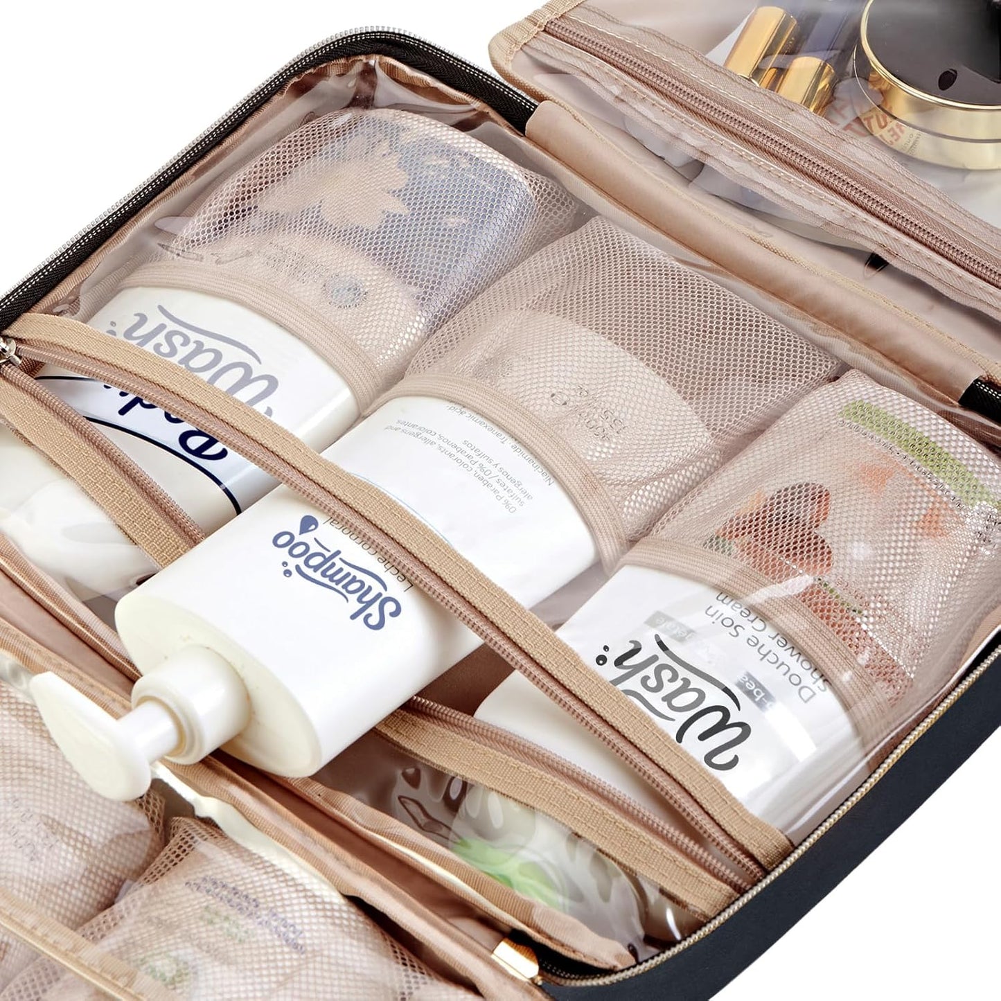 NISHEL Travel Toiletry Bag for women, Portable Hanging Organizer for Full-Sized Shampoo, Conditioner, Brushes Set, Makeup Accessories, Large Size, Black