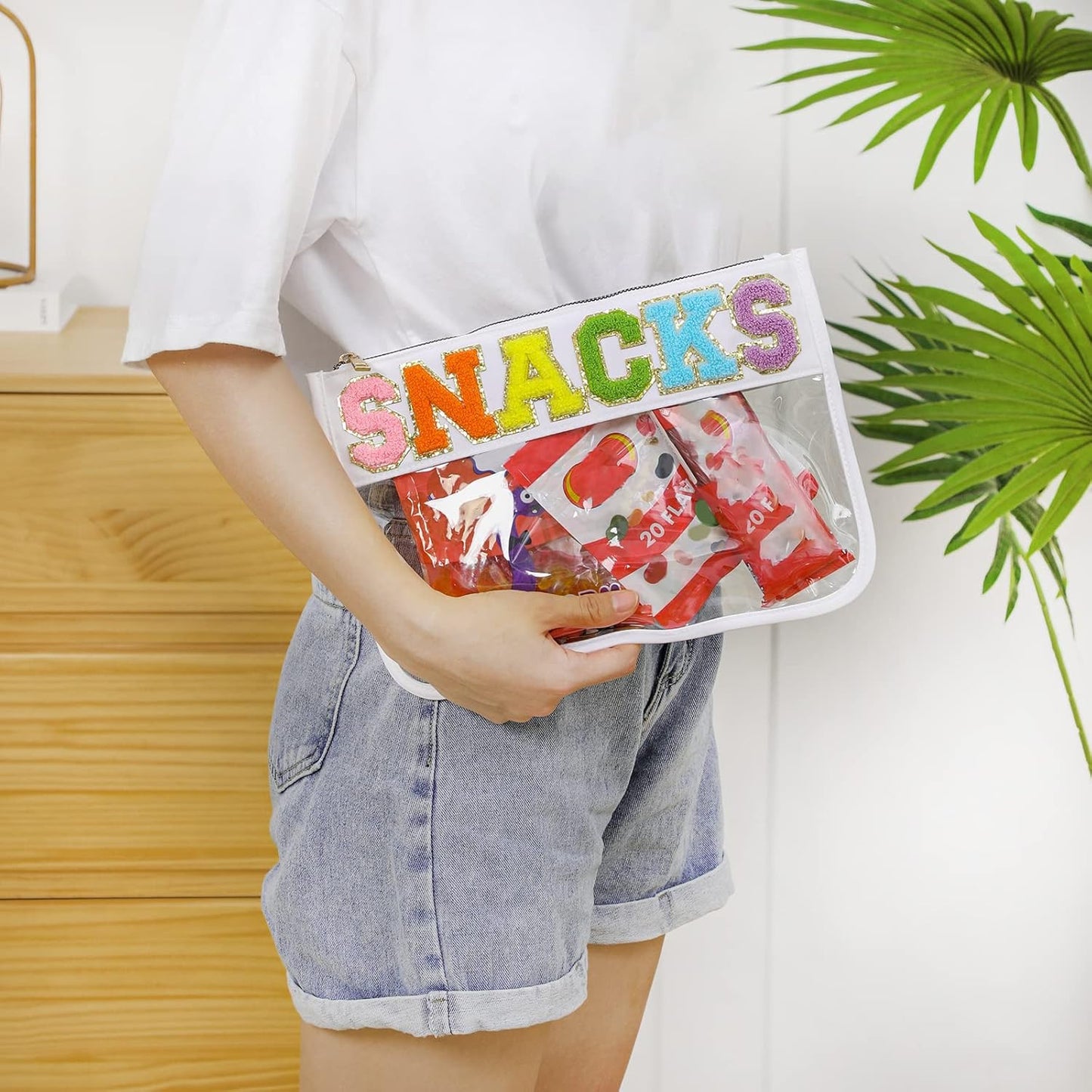 DYSHAYEN Chenille Letter Clear Zipper Pouch for Travel,Nylon Clear Cosmetic Bag,Makeup Travel Bag for Women Girls 11.8 Inches x 8.2 Inches