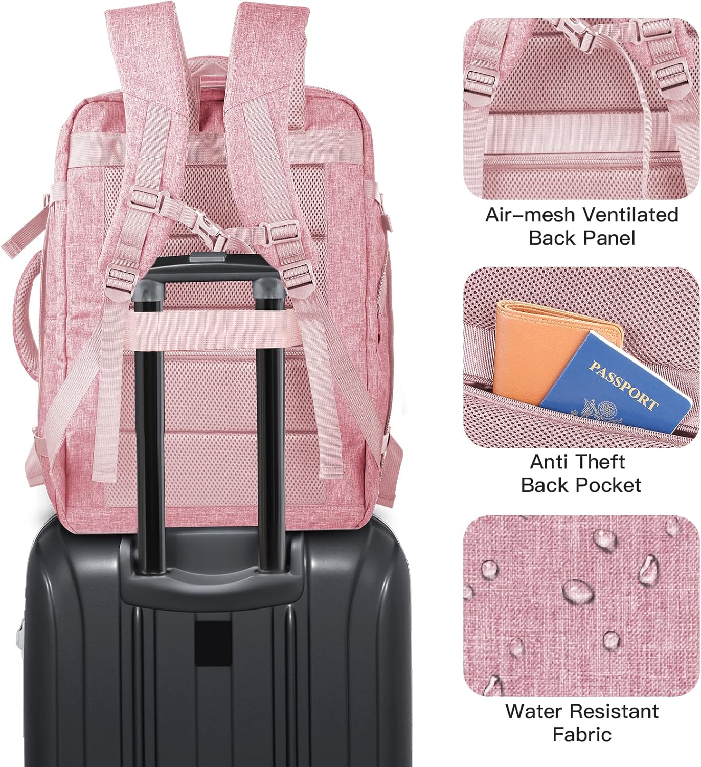 Carry On Backpack for Women, 50L Travel Backpack Flight Approved, Expandable Backpack For Airplanes, 17 Inch Laptop Backpack, Luggage Suitcase Daypack Lightweight Business Weekender Bag, Pink