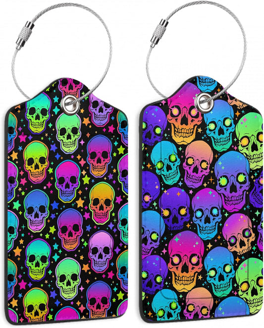 Neon Bright Human Skulls 2 PCS Luggage Tags, Privacy Cover ID Label with Stainless Steel Loop and Address Card for Travel Bag Suitcase