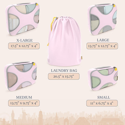 Shacke Premium 5 Packing Cubes Set - Lightweight Mesh Travel Luggage Organizers with Laundry Bag, 5-Piece Suitcase Storage System (Petal Pink)