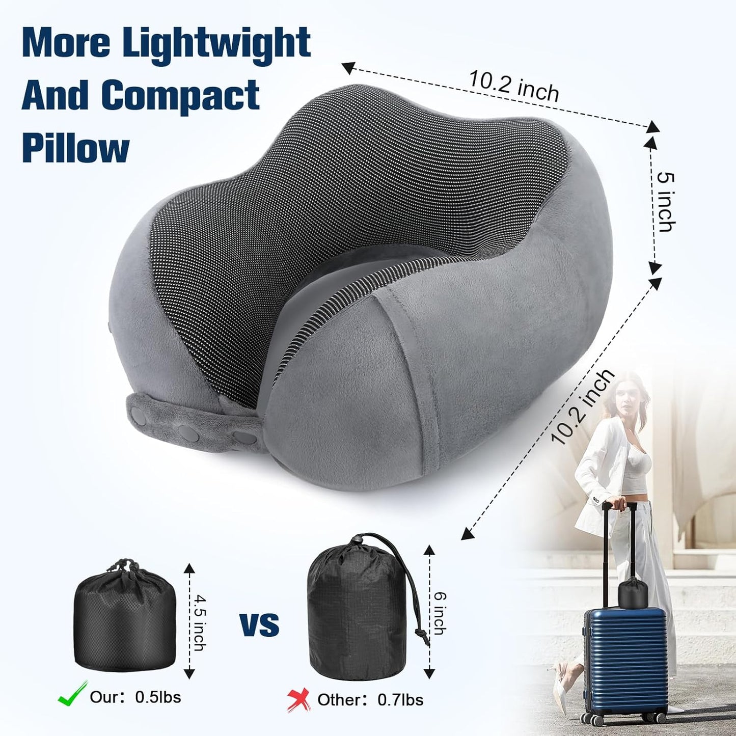 Neck Pillow for Traveling, Travel Pillows for Airplanes,100% Pure Memory Foam Travel Neck Pillow, Adjustable Flight Pillow, Portable Plane Accessories with Eye Mask, Earplugs, Carry Bag