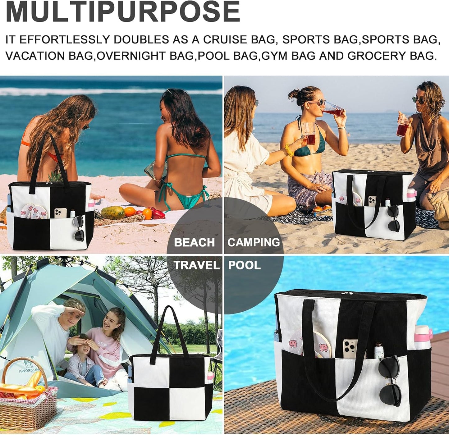 Waterproof Beach Tote Pool Bags for Women Ladies Extra Large Gym Tote Carry On Bag With Wet Compartment for Weekender Travel