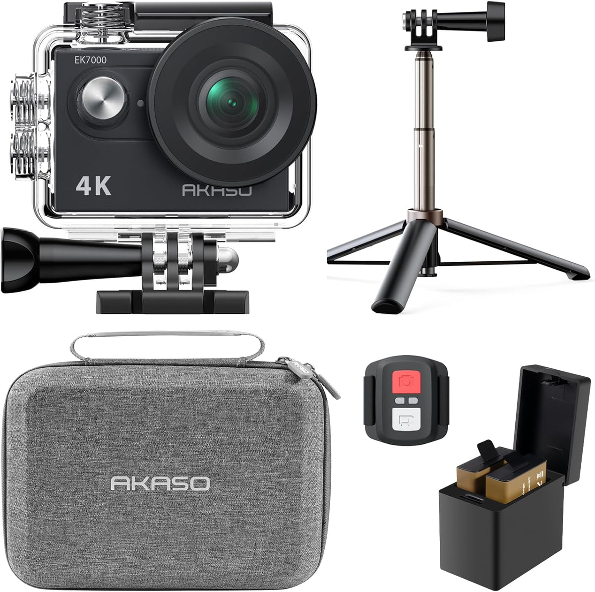 AKASO EK7000 4K30fps Action Camera with Mini Selfie Stick Tripod and Carrying Case Bundle EIS 131ft Waterproof Camera 4X Zoom Remote Control 20 MP Underwater Camera