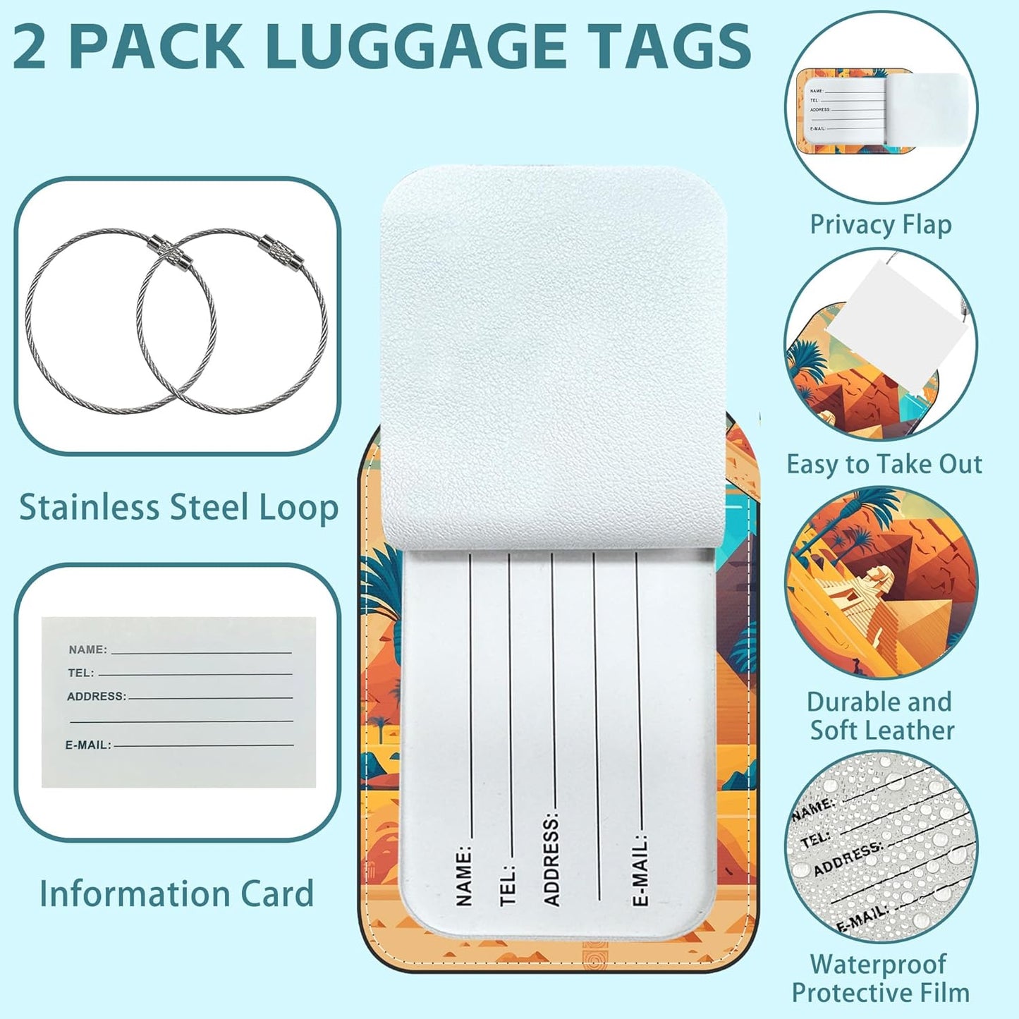 2 Pack Cute Luggage Tag for Suitcases Pyramid of Egypt Leather Luggage Tags with Stainless Steel Loop Privacy Flap Name Tags,Men and Women Travel Bag Suitcase Tags