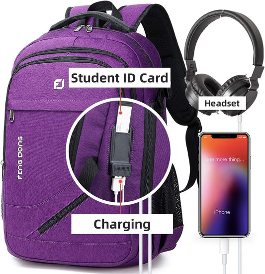 FENGDONG Durable Waterproof Travel Large Laptop Backpack 17.3 inch,College Backpack Bookbag for Men & Women Business Backpack with USB Charging Port and Headset Port Purple