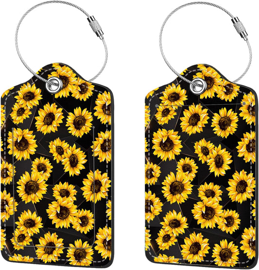 2 Pcs Luggage Tags for Suitcase, Cute Unique PU Leather Travel Bag Tag with Privacy Cover ID Label Address Card and Durable Metal Ring Suitable for Men Women Children Backpack,Sunflower