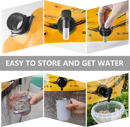 Collapsible 8L Water Storage Bag, BPA-Free Portable Folding Water Jug with Adjustable Faucet, Leakproof Emergency Water Bag for Camping, Hiking, Riding, Outdoor Sport (Blue & Orange 2)