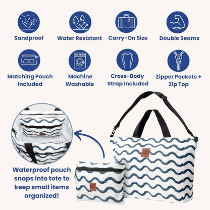 Large Beach Tote Bag for Women – Foldable & Packable Travel Bag with Zipper & Waterproof Pouch, Lightweight & Sandproof