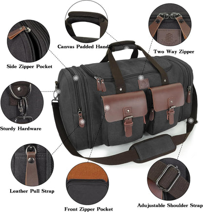 Canvas Duffle Bag for Men 60L Travel Duffel Bags Expandable Genuine Leather Duffel Overnight Weekender Carry On Bag Two Zipper Pockets Travel Bag (Black, X Large-60L)