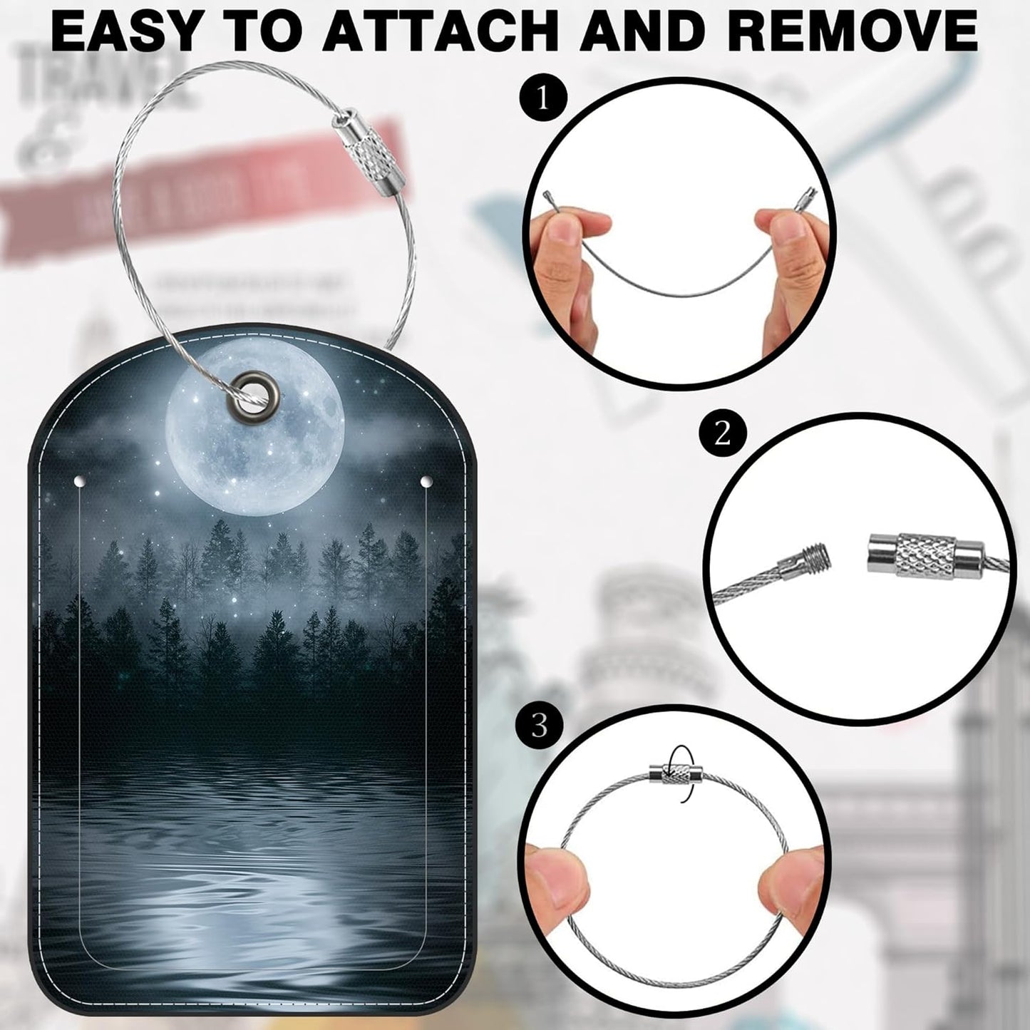 2 PCS Leather Luggage Tag for Suitcase Forest Moonlight Reflection in Water Travel Suitcase Labels with Privacy Name ID Label and Stainless Steel Loop for Adults Teens Travel Bag Labels Set