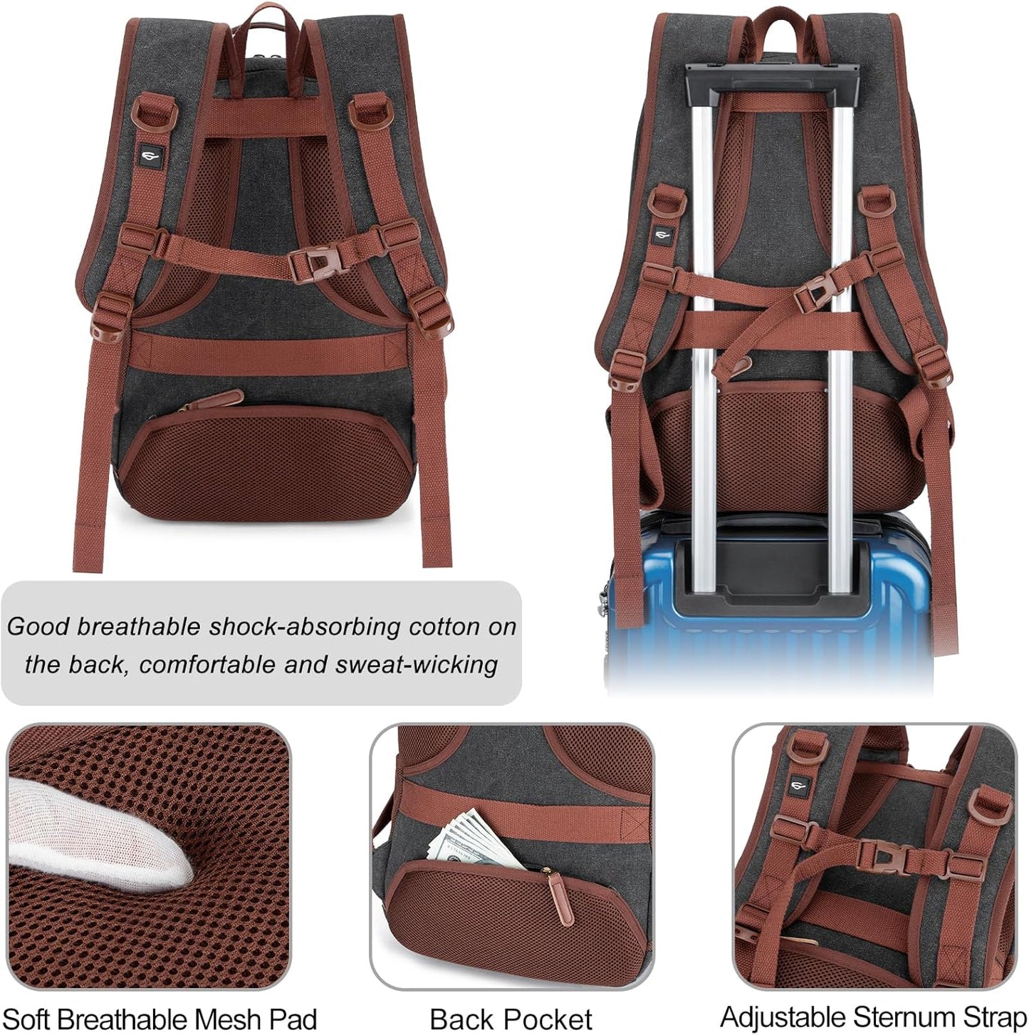 Tzowla Canvas Laptop College Backpack for Men and Women,Travel Work Vintage Rucksack with USB/Type-C Charging Port,Lightweight Hiking Casual Daypack Backpacks fit 15.6 inch Notebook,Black