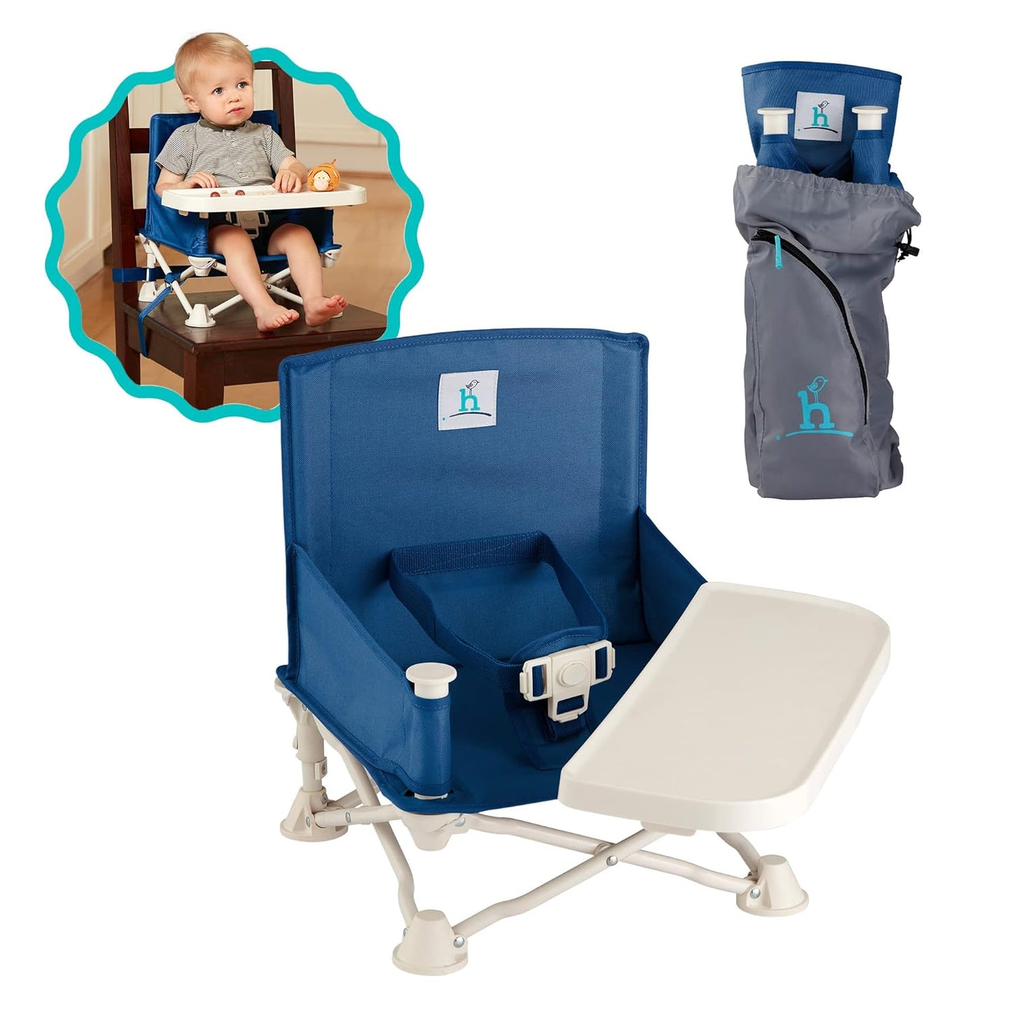 Hiccapop OmniBoost Travel Booster Seat with Tray for Baby | Folding Portable Baby Booster Seat for Dining Table, Camping, Beach, Grandma’s | Tip-Free Design Straps to Kitchen Chairs - Booster Chair
