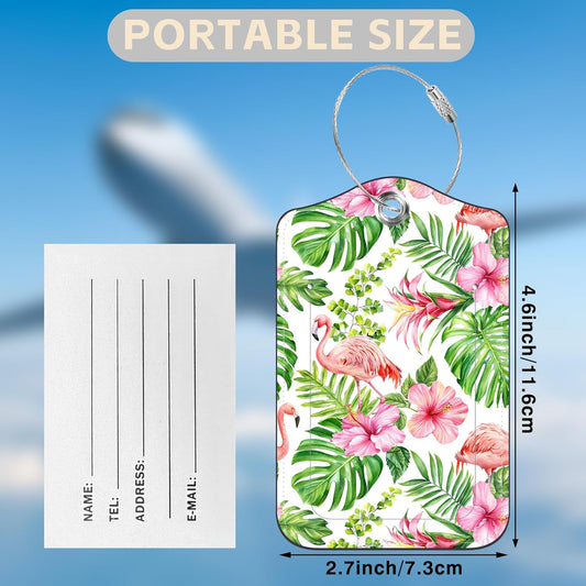 2 Pcs Pink Flamingo Luggage Tags for Suitcases Tropical Flowers and Palm Leaves PU Leather Baggage Tags Name ID Label with Privacy Cover and Stainless Steel Loop for Men Women Travel Bag Suitcase
