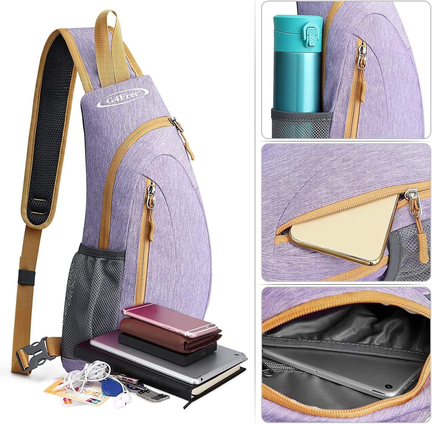 G4Free Sling Bag for Men Women, Small Crossbody Backpack Lightweight Chest Shoulder Bags for Travel, Outdoor and Sports (Light purple)