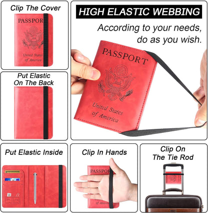 Passport Holder Cover Wallet Travel Essentials Leather Rfid Blocking Case Vacation Luggage Must Haves Travel Accessories for Men Women (116#Red)