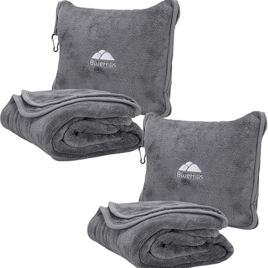 BlueHills 2-Pack Premium Soft Travel Blanket Pillow Airplane Blanket in Soft Bag Pillowcase with Hand Luggage Belt and Backpack Clip, Compact Pack Large Blankets for Any Travel (Grey Gray T013)