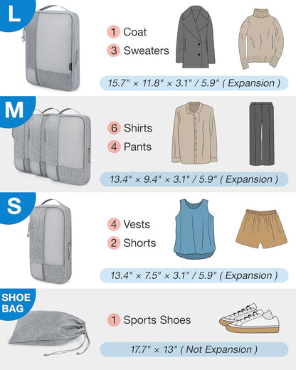 BAGSMART Compression Packing Cubes for Travel, 6 Set Travel Packing Cubes for Carry on Suitcases, Compression Travel Cubes & Suitcase Organizer for Packing with Shoe Bag Grey