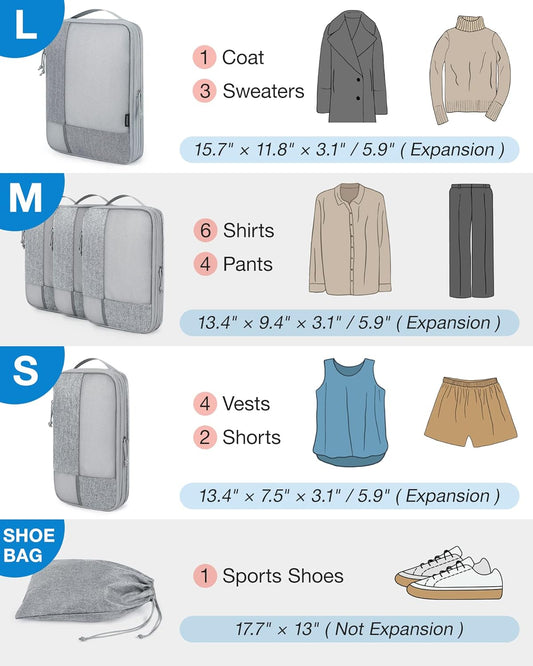 BAGSMART Compression Packing Cubes for Travel, 6 Set Travel Packing Cubes for Carry on Suitcases, Compression Travel Cubes & Suitcase Organizer for Packing with Shoe Bag Grey