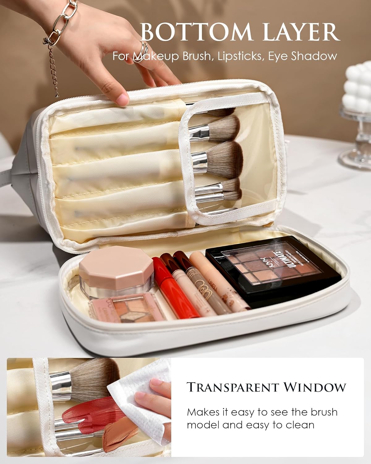 Gifts for Her, Initial Large Makeup Bags, Personalized Double Layer Cosmetic Bags with Makeup Brush Organizer, Waterproof PU Leather Travel Toiletry Bags for Wedding & Bridesmaid Gifts