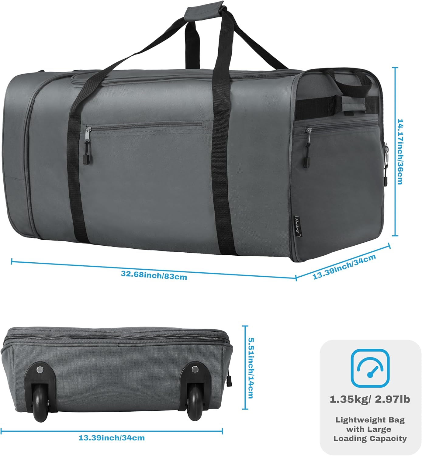 Finnhomy 100L Foldable Rolling Duffel Bag with 2 Wheels, Light Weight Travel Duffel bag with Large Loading Capacity, 32 inch Rolling Duffel bag with Shoulder Strap for Travel Camping Sports, Grey