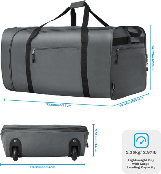 Finnhomy 100L Foldable Rolling Duffel Bag with 2 Wheels, Light Weight Travel Duffel bag with Large Loading Capacity, 32 inch Rolling Duffel bag with Shoulder Strap for Travel Camping Sports, Grey