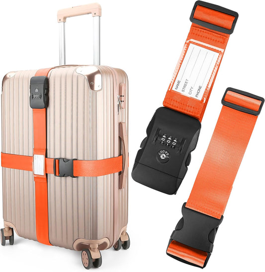 Luggage Straps, Orange TSA Approved Luggage Strap Belt with Combination Lock for Suitcases, 2 Pack Adjustable Heavy Duty Cross Suitcase Straps with Name Tags for Travel, Carry On Bags, Protect Luggage