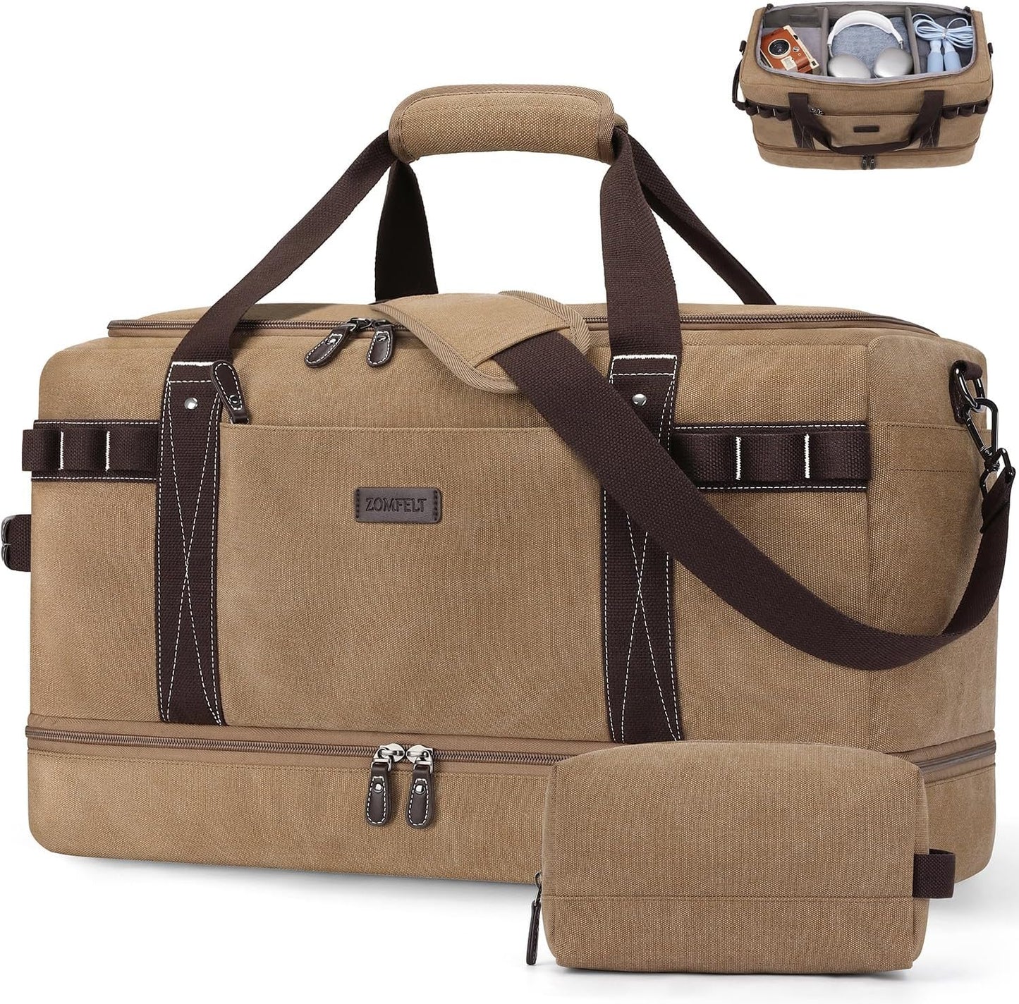 ZOMFELT Travel Duffle Bag for Men, Waterproof Canvas Overnight Duffel Bag with Removable Dividers & Shoe Compartment, Carry On Weekender Gym bag, Multi-Pocket & Vintage Design (Washed Brown)