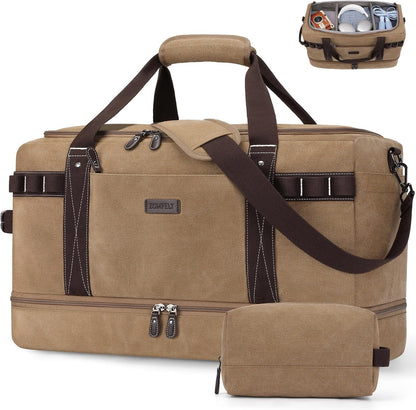 ZOMFELT Travel Duffle Bag for Men, Waterproof Canvas Overnight Duffel Bag with Removable Dividers & Shoe Compartment, Carry On Weekender Gym bag, Multi-Pocket & Vintage Design (Washed Brown)