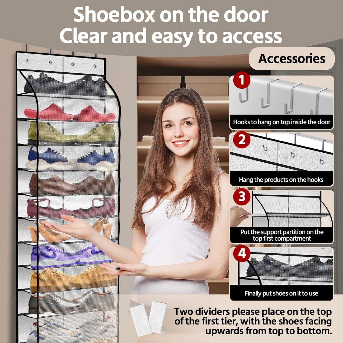 12 Pocket Over the Door Shoe Organizer,Reusable Breathable Large Mesh Bag Men's & Women's Sneaker Organizer,Shoe Organizer for Kids,Hanging Shoe Storage Hanging Bag (White)
