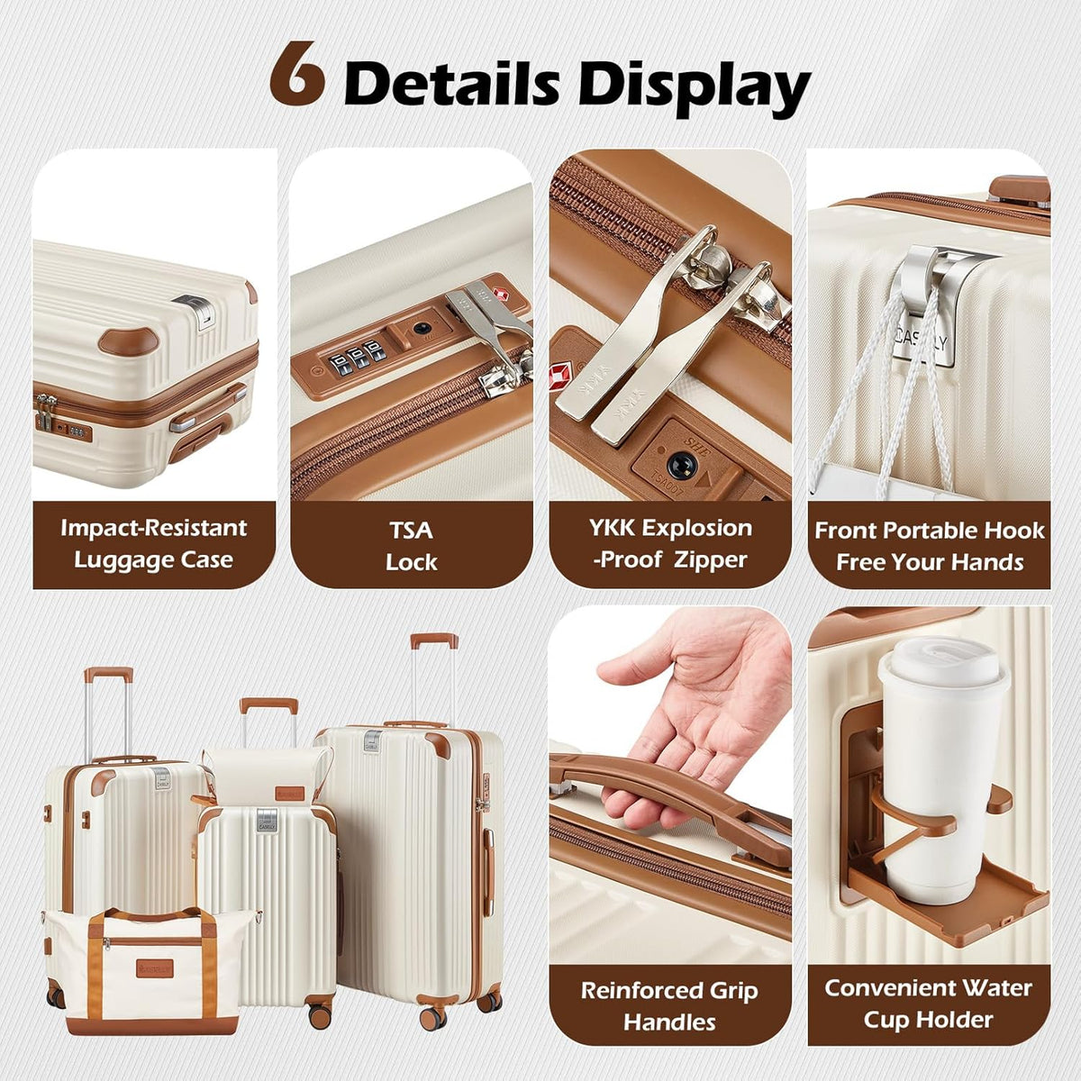 Luggage Set 3 Piece Luggage with PC+ABS Hardshell TSA Lock Spinner Wheels Carry on Lightweight Suitcase,Cup Holder,YKK Zippers (Beige, 5 piece sets(20/24/28/DB/TB))