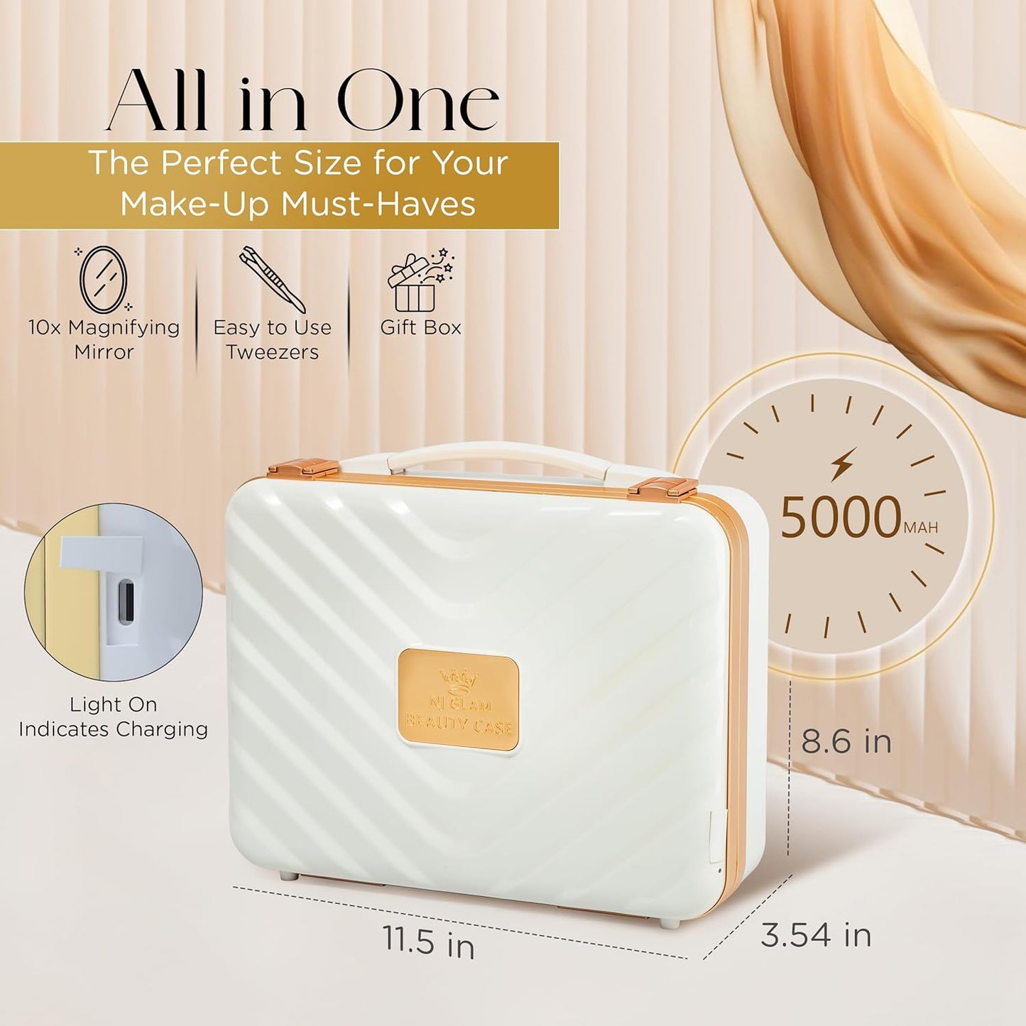 Lighted Makeup Case with Mirror - Portable Travel Makeup Organizer with LED Mirror, 3 Light Settings, Rechargeable Makeup Bag with Mirror and Light - Mini 10x Mirror included