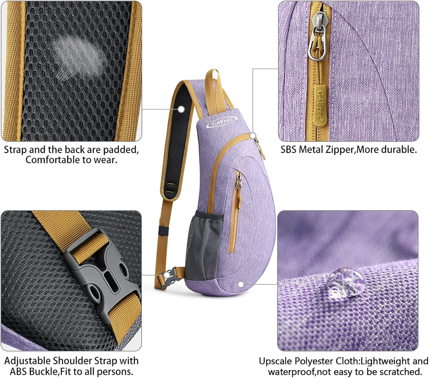 G4Free Sling Bag for Men Women, Small Crossbody Backpack Lightweight Chest Shoulder Bags for Travel, Outdoor and Sports (Light purple)